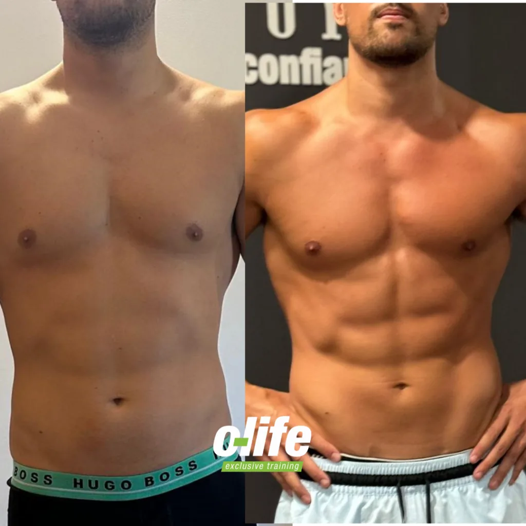 Transformación corporal cliente O-Life - Antes y después del programa de 12 semanas